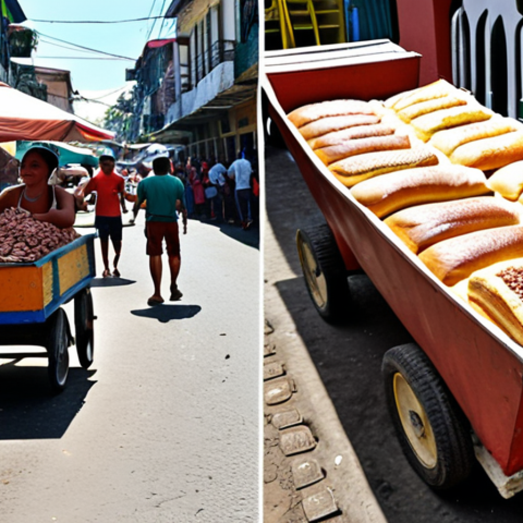 A divided image. On the left, a Venezuelan market scene with overflowing carts of Bolivar notes needed to purchase a single loaf of bread. The people look distressed. On the right, a vibrant Brazilian street scene with people enjoying "feijoada" and "caipirinhas," reflecting a more stable economy.