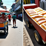 A divided image. On the left, a Venezuelan market scene with overflowing carts of Bolivar notes needed to purchase a single loaf of bread. The people look distressed. On the right, a vibrant Brazilian street scene with people enjoying "feijoada" and "caipirinhas," reflecting a more stable economy.