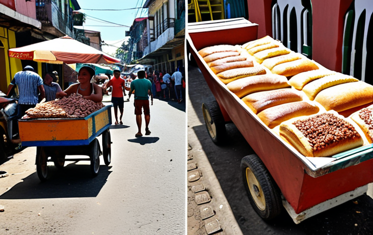 A divided image. On the left, a Venezuelan market scene with overflowing carts of Bolivar notes needed to purchase a single loaf of bread. The people look distressed. On the right, a vibrant Brazilian street scene with people enjoying "feijoada" and "caipirinhas," reflecting a more stable economy.