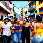 **

A vibrant street scene in Caracas, Venezuela. People are laughing, dancing, and enjoying a street party. Capture the lively atmosphere. Someone is shouting "¡Qué chévere!" with visible excitement. The overall feeling should be energetic and positive, showcasing the meaning of "Chévere" as "cool" or "great." Include colorful buildings and street art in the background.

**