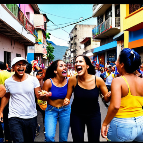 **

A vibrant street scene in Caracas, Venezuela. People are laughing, dancing, and enjoying a street party. Capture the lively atmosphere. Someone is shouting "¡Qué chévere!" with visible excitement. The overall feeling should be energetic and positive, showcasing the meaning of "Chévere" as "cool" or "great." Include colorful buildings and street art in the background.

**