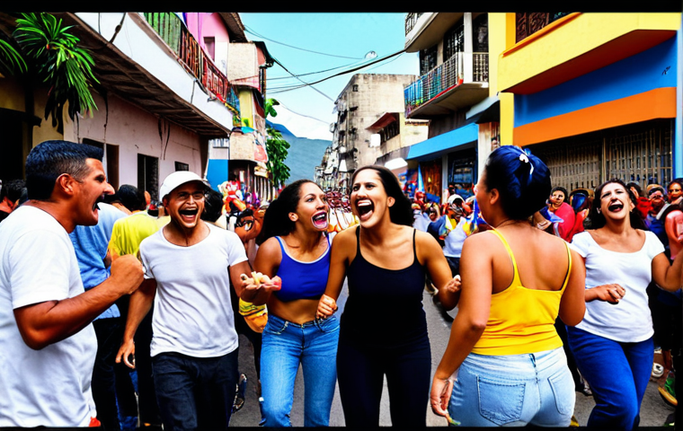 **
A vibrant street scene in Caracas, Venezuela. People are laughing, dancing, and enjoying a street party. Capture the lively atmosphere. Someone is shouting "¡Qué chévere!" with visible excitement. The overall feeling should be energetic and positive, showcasing the meaning of "Chévere" as "cool" or "great." Include colorful buildings and street art in the background.
**