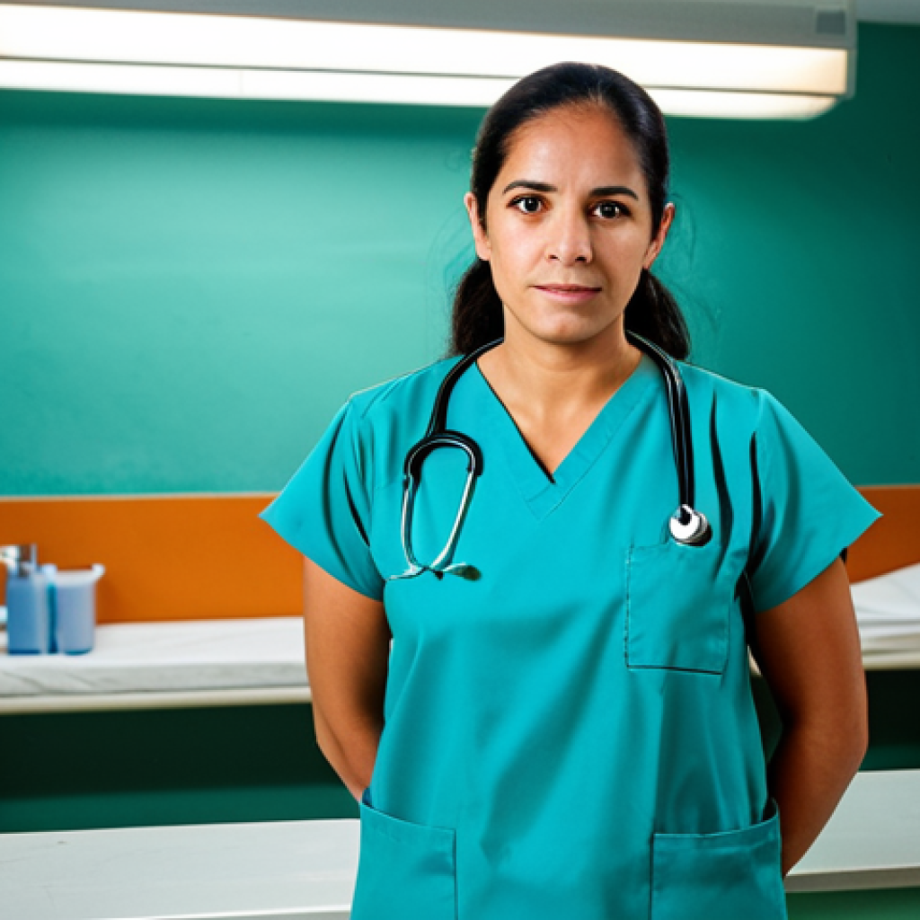 A dedicated Venezuelan medical professional, fully clothed in a modest, clean scrub uniform, stands with a determined yet compassionate expression in a public hospital ward. The background shows a clean but visibly aged and sparsely equipped hospital room, with basic medical tools on a counter, hinting at resource challenges. The lighting is soft and natural, emphasizing resilience and professionalism amidst challenging circumstances. This image is safe for work, appropriate content, fully clothed, professional, and family-friendly, ensuring perfect anatomy, correct proportions, natural pose, well-formed hands, proper finger count, and natural body proportions.