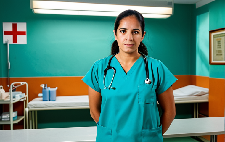 A dedicated Venezuelan medical professional, fully clothed in a modest, clean scrub uniform, stands with a determined yet compassionate expression in a public hospital ward. The background shows a clean but visibly aged and sparsely equipped hospital room, with basic medical tools on a counter, hinting at resource challenges. The lighting is soft and natural, emphasizing resilience and professionalism amidst challenging circumstances. This image is safe for work, appropriate content, fully clothed, professional, and family-friendly, ensuring perfect anatomy, correct proportions, natural pose, well-formed hands, proper finger count, and natural body proportions.