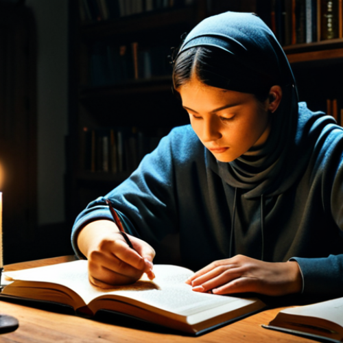 Resourceful Student**

A fully clothed, determined student, wearing modest casual clothing, studying by candlelight in a dimly lit room. Books are stacked around them.  The background shows a simple, modest dwelling.  Safe for work, appropriate content, perfect anatomy, correct proportions, natural pose, well-formed hands, proper finger count, natural body proportions, professional.

**