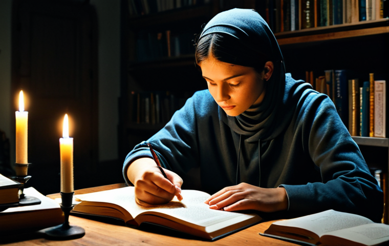 Resourceful Student**
A fully clothed, determined student, wearing modest casual clothing, studying by candlelight in a dimly lit room. Books are stacked around them. The background shows a simple, modest dwelling. Safe for work, appropriate content, perfect anatomy, correct proportions, natural pose, well-formed hands, proper finger count, natural body proportions, professional.
**
