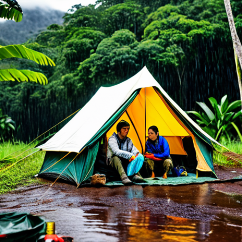 **Image Prompt:** "A comfortable campsite scene in the Canaima National Park jungle, Venezuela, during the rainy season. A fully clothed family is relaxing near a tent, wearing appropriate rain gear. Lush green jungle surrounds them. Safe for work, family-friendly, appropriate content, professional photography, high quality, perfect anatomy, natural proportions."