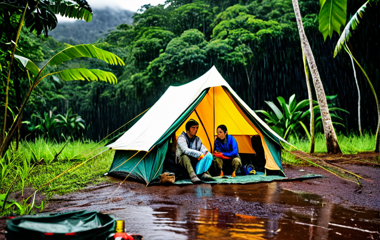 **Image Prompt:** "A comfortable campsite scene in the Canaima National Park jungle, Venezuela, during the rainy season. A fully clothed family is relaxing near a tent, wearing appropriate rain gear. Lush green jungle surrounds them. Safe for work, family-friendly, appropriate content, professional photography, high quality, perfect anatomy, natural proportions."