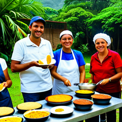 Community Gathering**

"A group of friendly Venezuelans and Dutch expats at an outdoor 'arepa' cooking class, fully clothed, appropriate attire, learning to make traditional Venezuelan food, lush green background, safe for work, professional photography, perfect anatomy, natural pose, warm and inviting atmosphere, family-friendly."

**