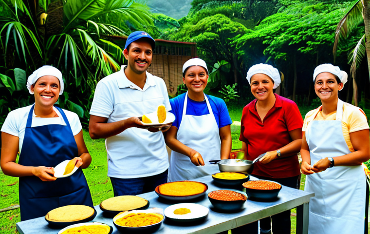 Community Gathering**

"A group of friendly Venezuelans and Dutch expats at an outdoor 'arepa' cooking class, fully clothed, appropriate attire, learning to make traditional Venezuelan food, lush green background, safe for work, professional photography, perfect anatomy, natural pose, warm and inviting atmosphere, family-friendly."

**