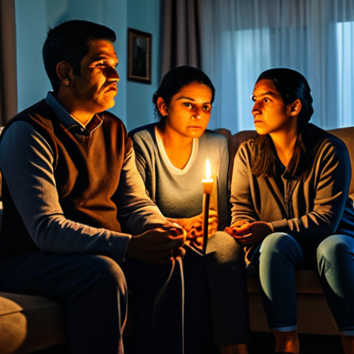 베네수엘라의 공공 서비스 실태 - Power Outage in a Home**

"A family sitting in their living room during a power outage in Venezuela....